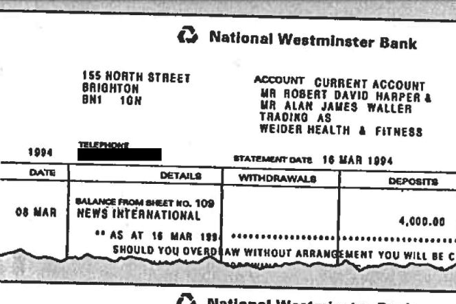 A bank statement showing a payment from News International.