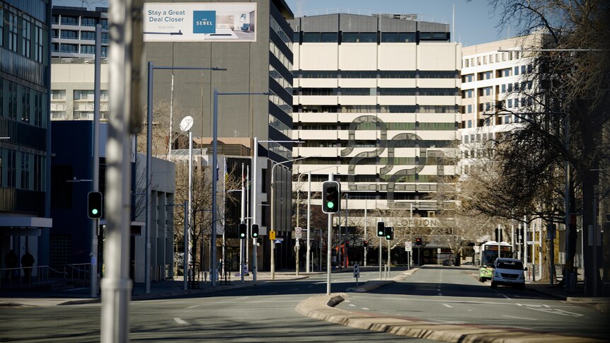 An empty Canberra street with no pedestrians and a green traffic light 