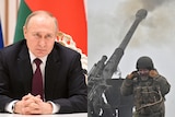 On left, Vladimir Putin sits at a table with his hands clasped. On right a soldier plugs their ears as a shell fires 