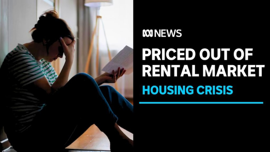 Priced Out Of Rental Market, Housing Crisis: A woman sits on the floor, holding her head with one hand and a bill in the other.