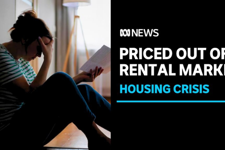 Priced Out Of Rental Market, Housing Crisis: A woman sits on the floor, holding her head with one hand and a bill in the other.