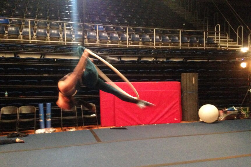 Australian gymnast Lisa Skinner rehearses backstage with the Cirque du Soleil in Canberra.