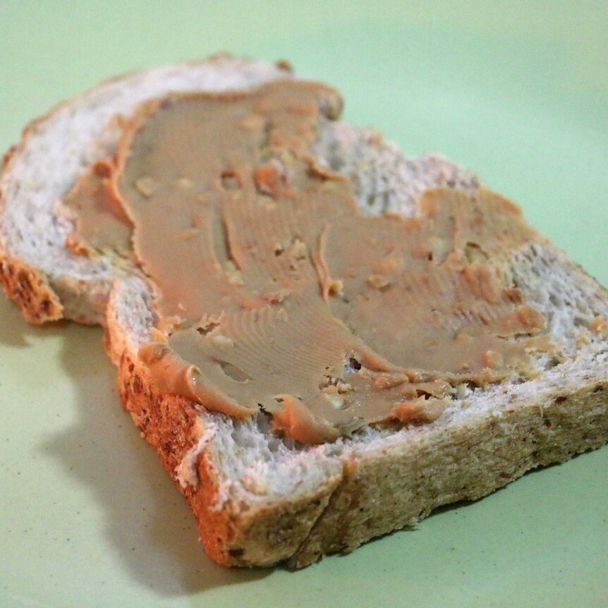 A slice of bread with peanut butter spread across it sits on a green table.