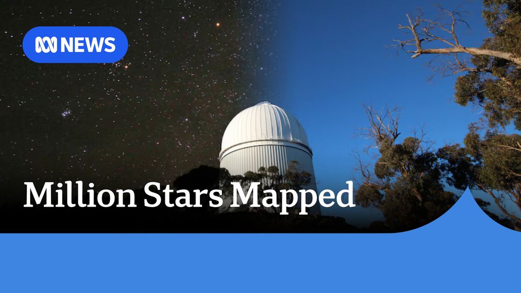 Million Stars Mapped: An observatory with a composite of half the night sky with stars, and half the blue sky during the day.