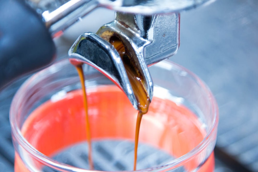 A glass reusable coffee cup sits below a group head as espresso coffee pours.