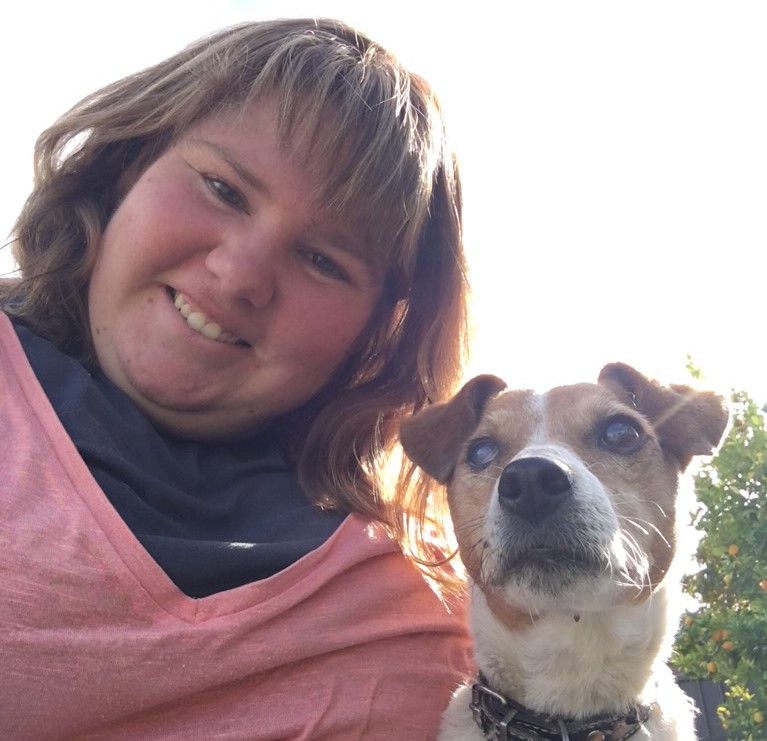 selfie of a woman with a jack Russell. 