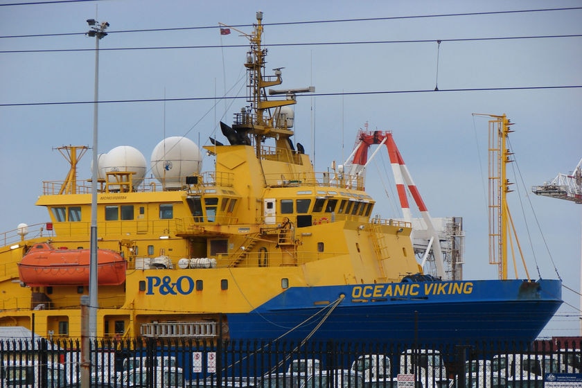 The Customs vessel Oceanic Viking moored in dock.