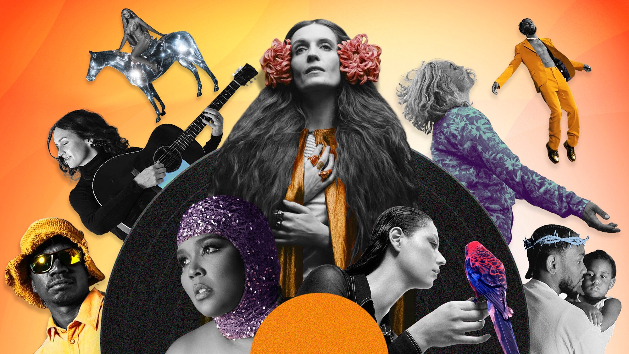composite of florence welch, lizzo, beyonce, kendrick lamar, haai, Yirrŋa Yunupiŋu, kojey radical, grace cummings, thornbird