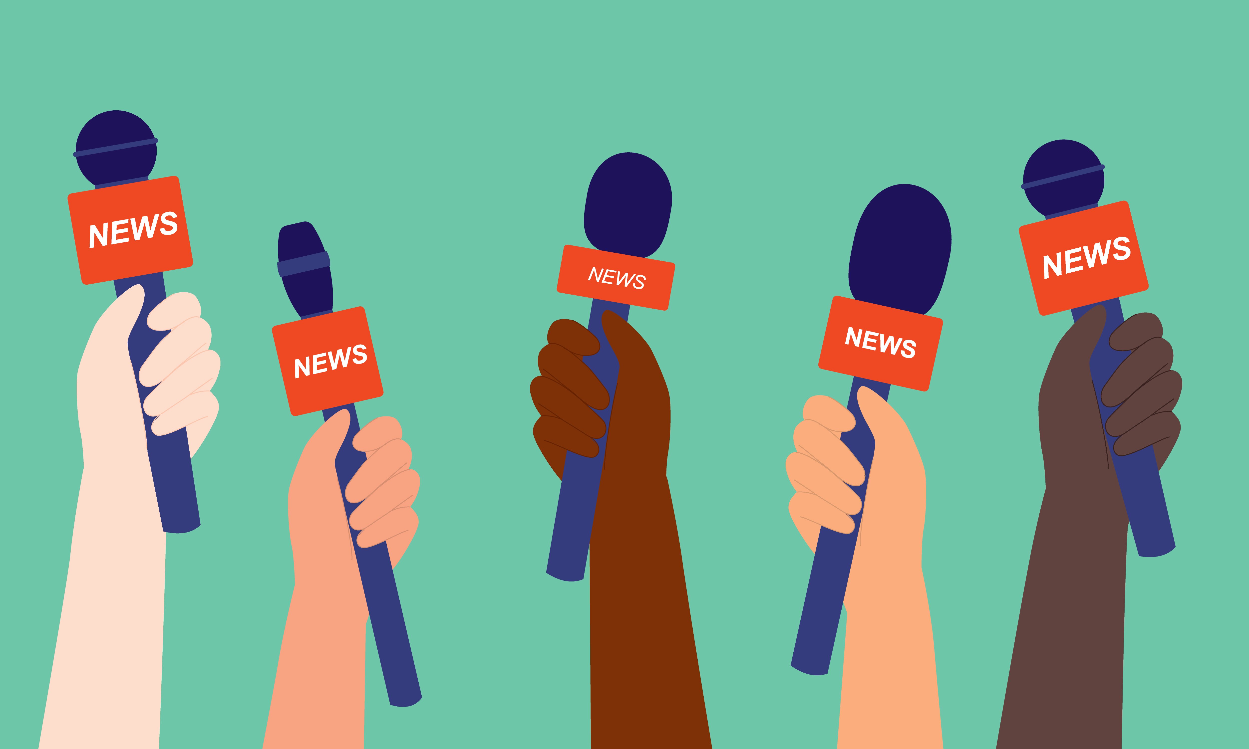 Diverse Group Of Reporter’s Hand Holding Microphone With “News” Text On Red Cube. Close-Up, Isolated On Solid Color Background.