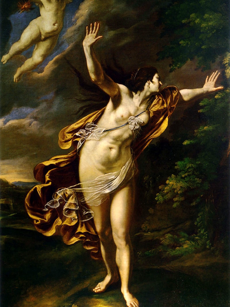 An historic painting depicting a naked woman with flowing golden gown 