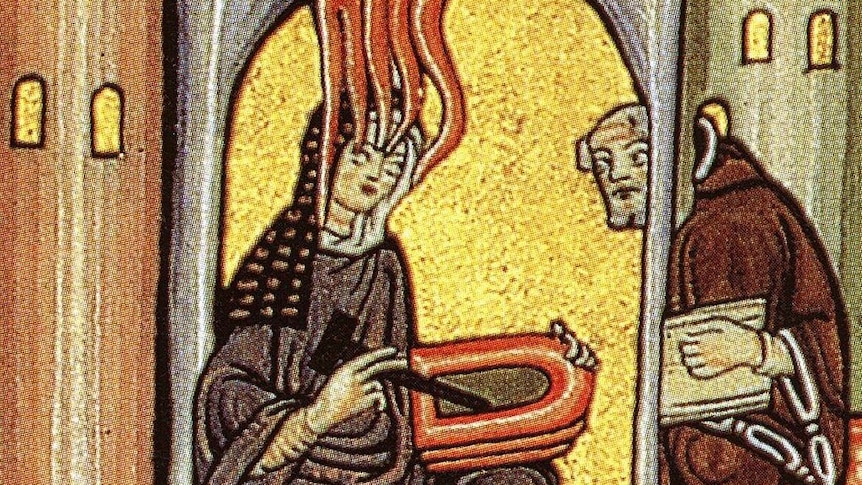 Medieval manuscript illumination of Hildegard, seated, with red tendrils emanating from her head (her visions).