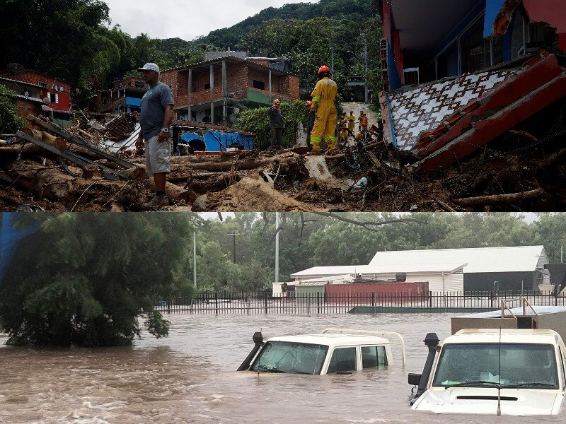 Two composite images of landslide damage and two cars in flooded water