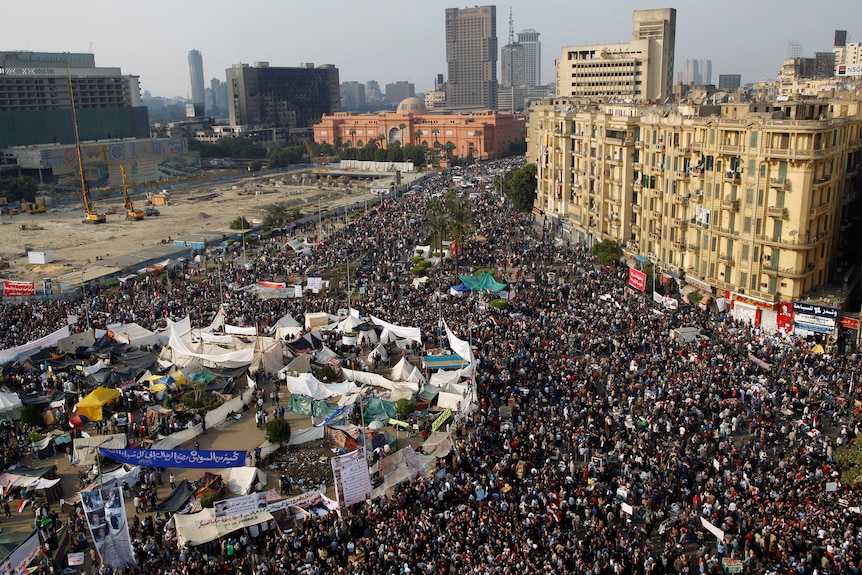 A general view of Egyptian protesters during a march in Tahrir Square in Cairo