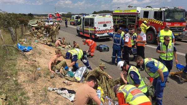 Paramedics treat Defence cadets at scene of bus crash