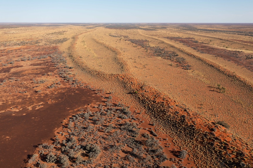 Aerial of patterns in desert landscape in Pilungah, Central West Queensland