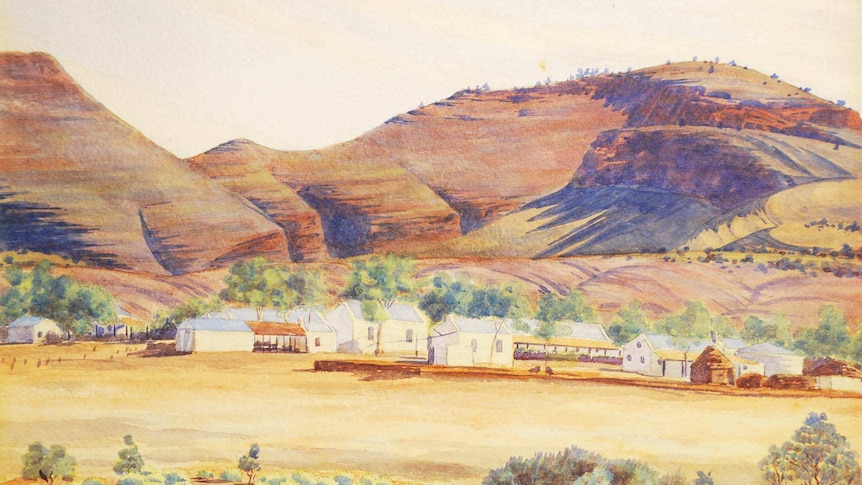 Albert Namatjira  - Hermannsburg Mission with Mount Hermannsburg. 1937. Watercolour on paper. courtesy Araluen Art Collection