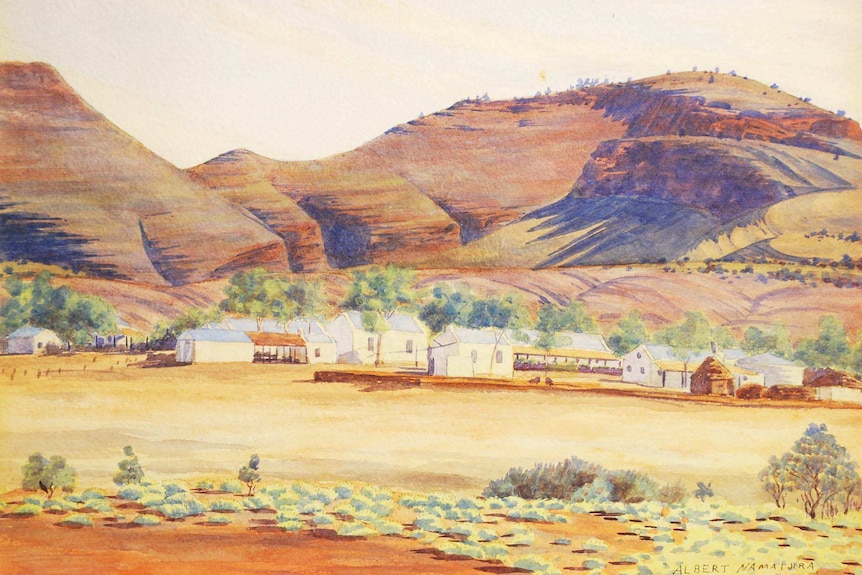 Albert Namatjira  - Hermannsburg Mission with Mount Hermannsburg. 1937. Watercolour on paper. courtesy Araluen Art Collection