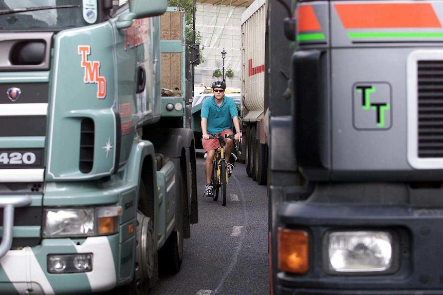 A cyclist winds his way through a blockade of lorries in London