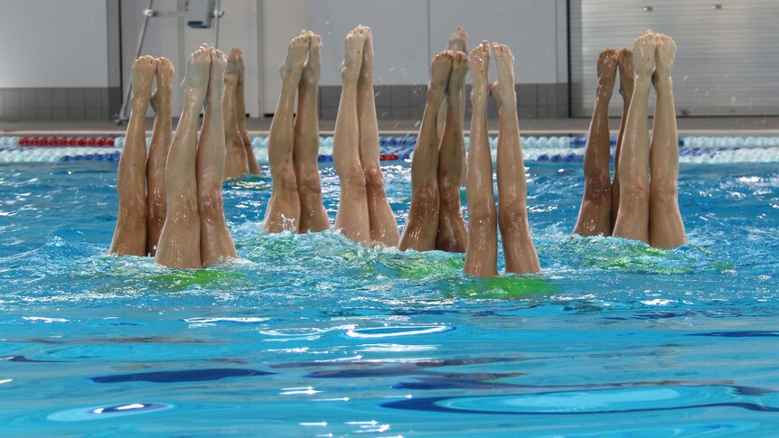 Legs in the air - the national synchronised swimming team train at the AIS.