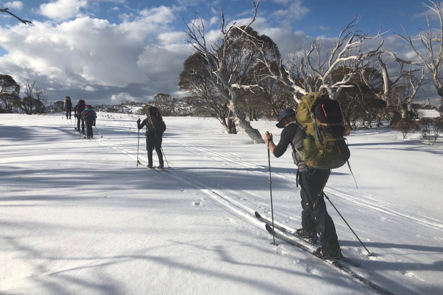 a group of skiiers traversing across the snow