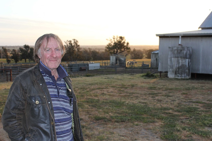A man stands on a hill in front of a shearing shed