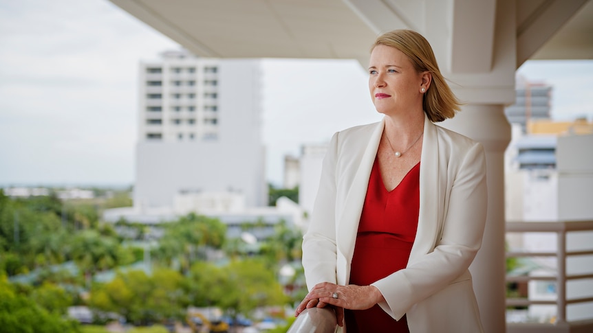 Northern Territory frontbencher Nicole Manison stands on the balcony of the fifth floor of NT Parliament. 