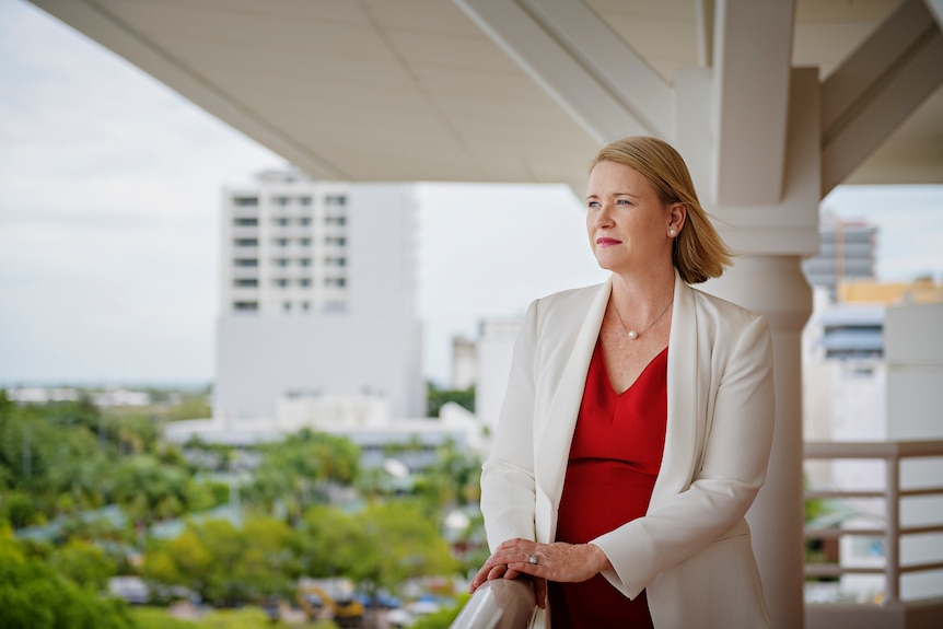 Northern Territory frontbencher Nicole Manison stands on the balcony of the fifth floor of NT Parliament. 