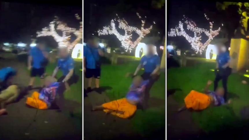 Three stills from mobile phone footage of an elderly woman being dragged across the ground by a security guard.