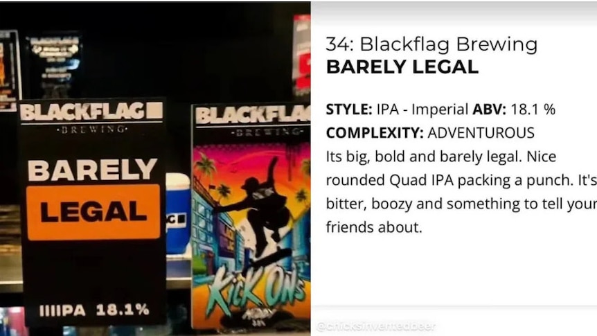 A black, orange and white graphic that reads Barely Legal with beer tasting notes graphic