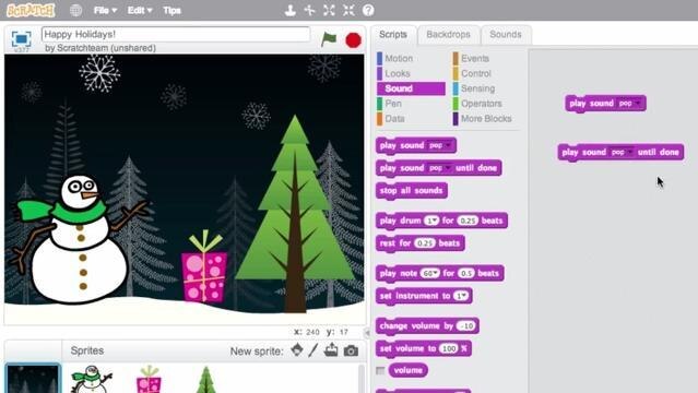 Scratch edit window shows image of snowman and tree