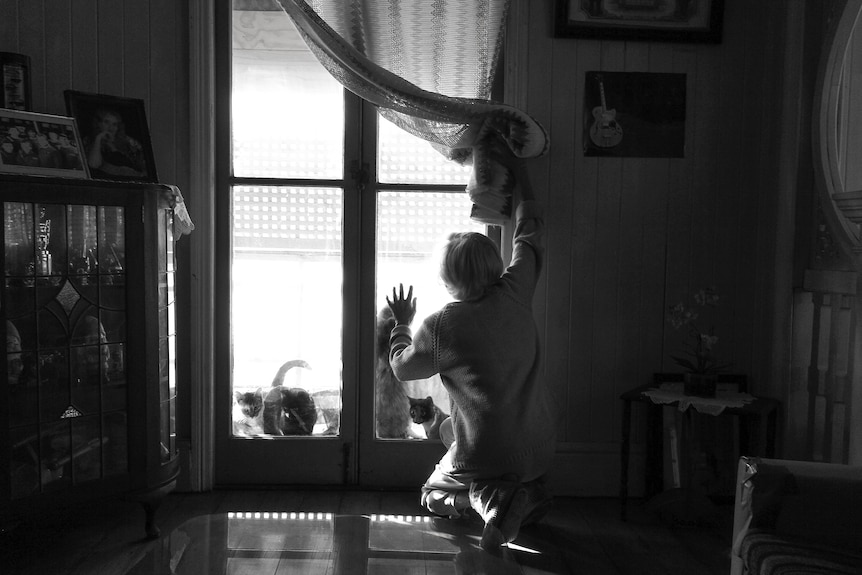 An older woman looks out a window at a cat on the windowsill.