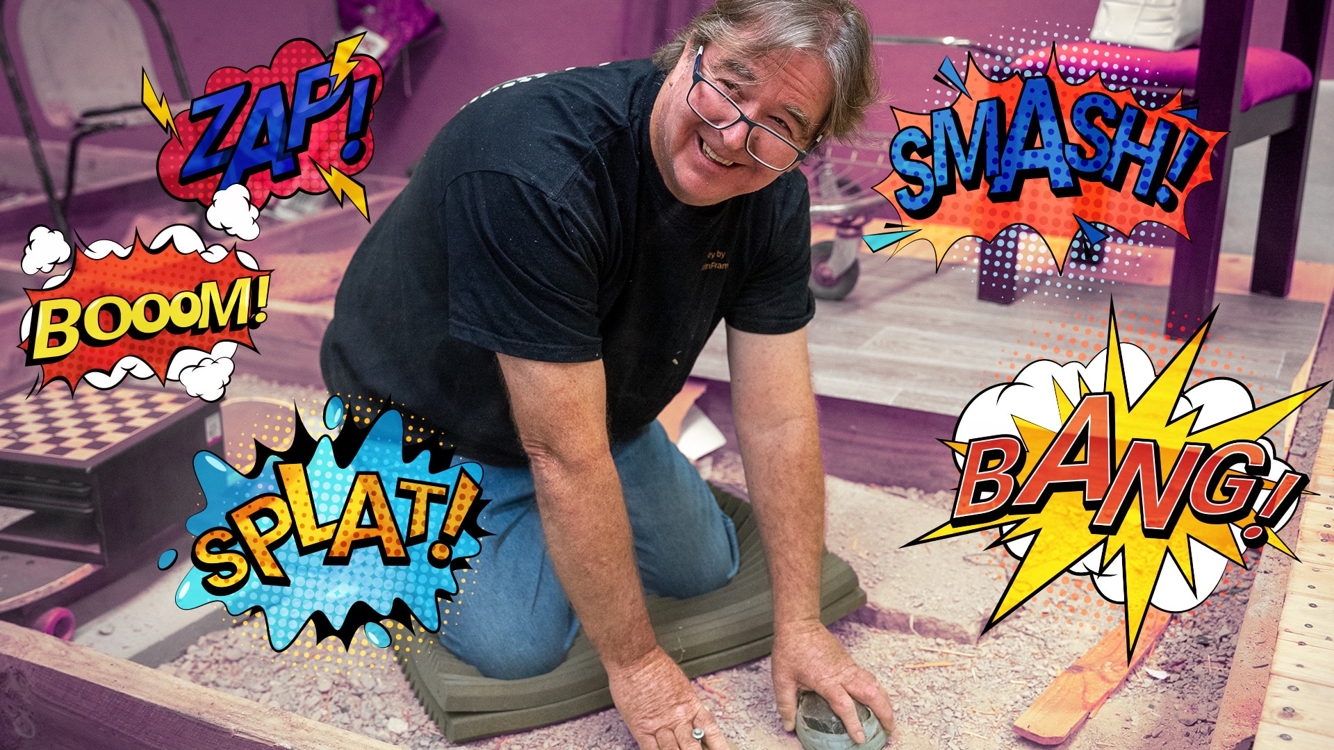 John kneels in a tray full of dirt stomping objects into it to record the sound. Cartoon zap, smash, bang graphics overlaid.