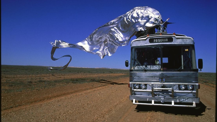 Long silver train from person on top of silver bus in outback