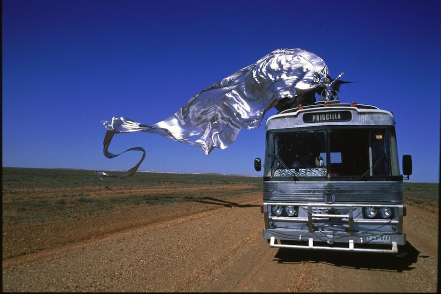 Long silver train from person on top of silver bus in outback