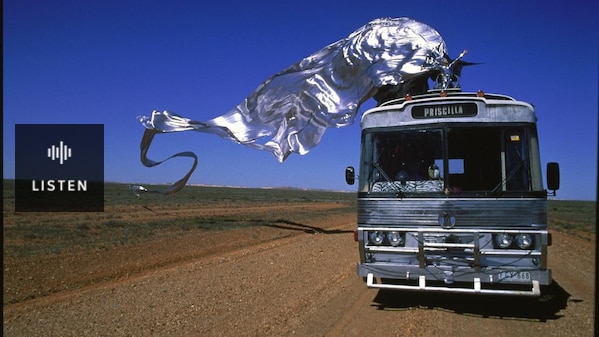 Long silver train from person on top of silver bus in outback. Has Audio.