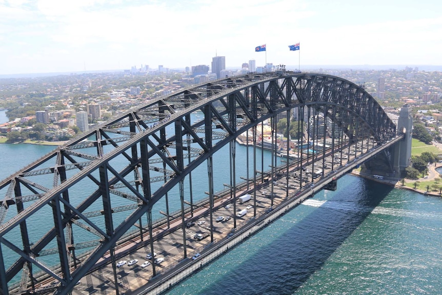 An overhead shot of the Sydney Harbour Bridge