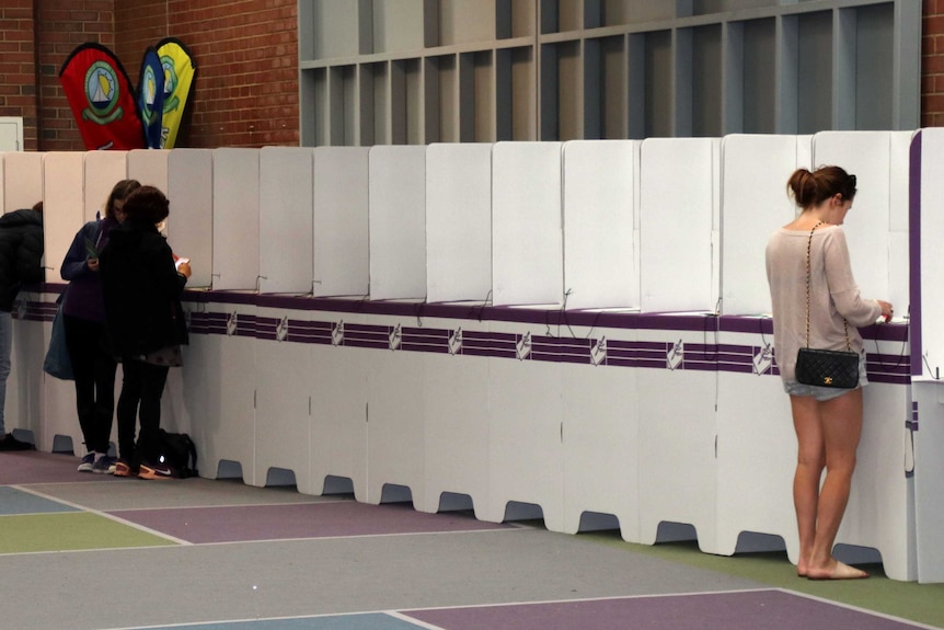 Four voters stand in an otherwise empty line of polling booths.