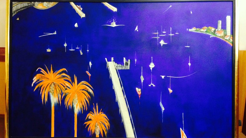 One of the alleged fake Brett Whiteley paintings, Big Blue Lavender Bay, at the centre of a case in the Melbourne Magistrates Court