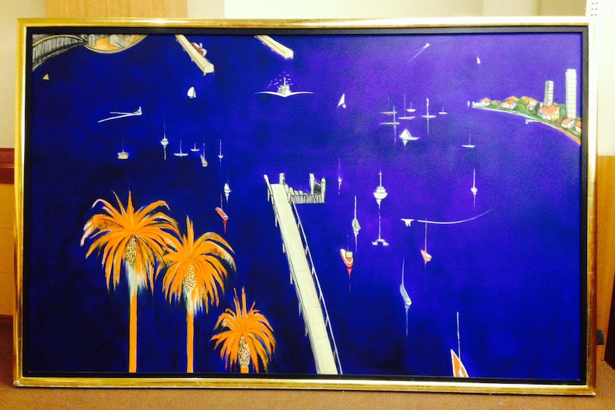 A blue painting of Lavendar Bay painted in the style of Brett Whiteley on display.