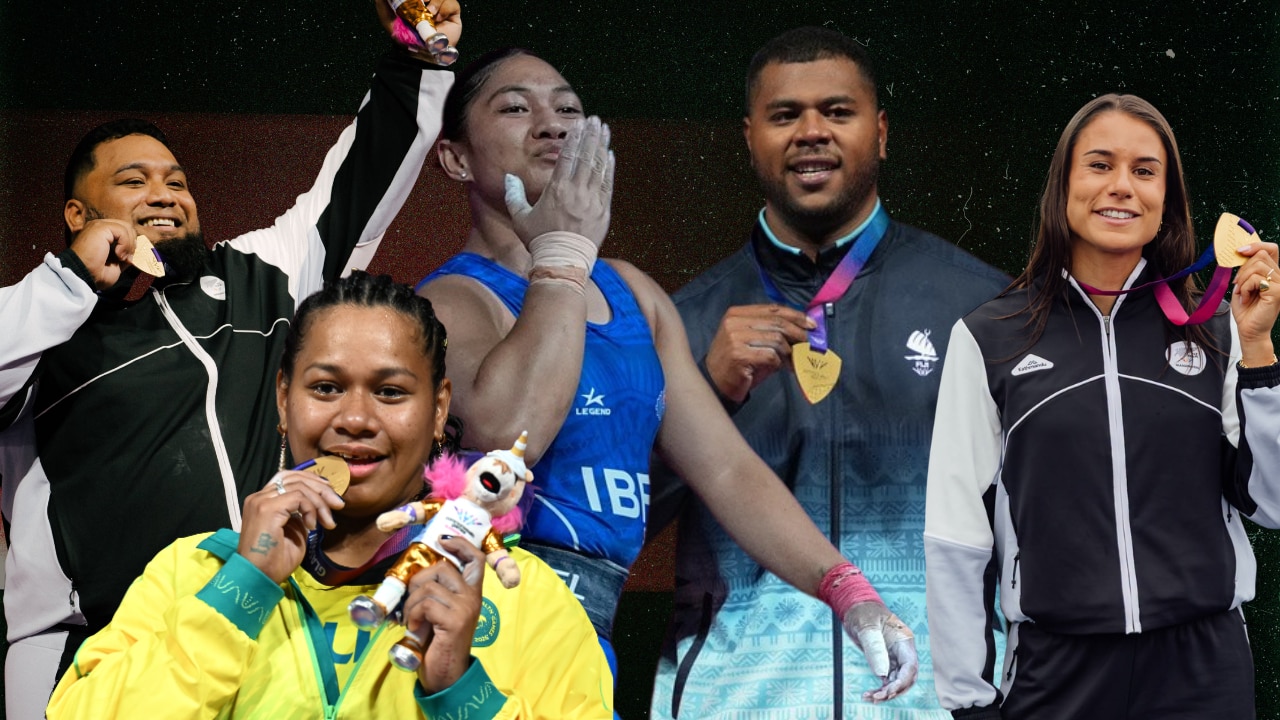A collage of pacific athletes with gold medals around their neck or blowing kisses after wins at the Commonwealth Games