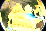 A map of the world showing Australia on the right and Africa on the left, and yellow and blue representing water temperatures