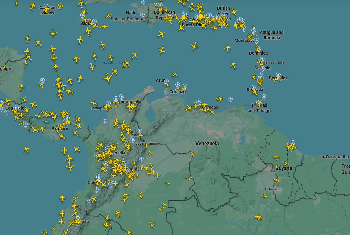 A map radar showing flights above South America