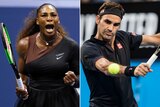 A split image shows Serena Williams in a black dress celebrates on court and Roger Federer in a black outfit plays a backhand.