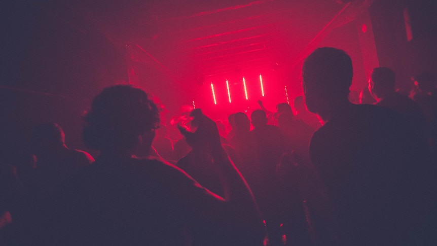  People dancing in a night club. People have purple silhouettes and there's a red background.