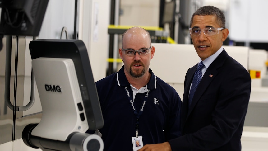 Economic boost ... Barack Obama tours the Rolls-Royce Crosspointe facility in Prince George, Virginia.