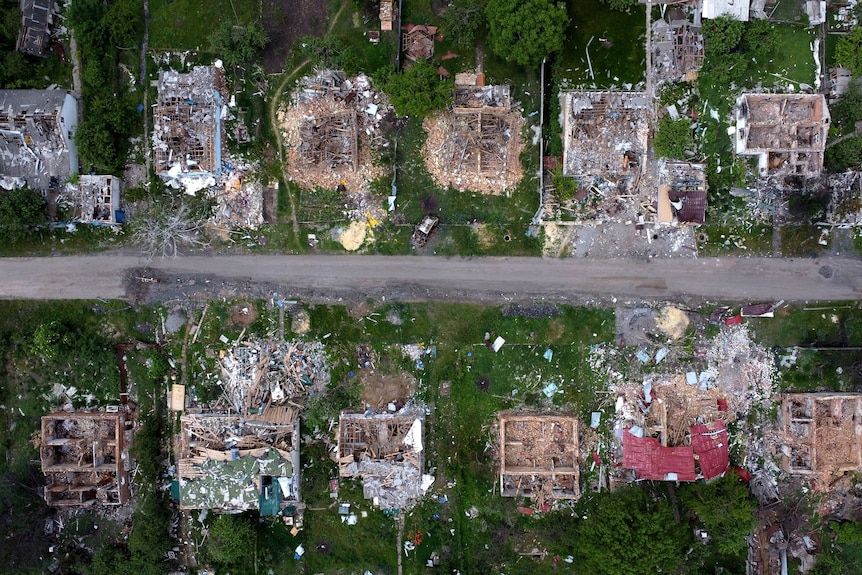 A drone still of houses in the Kharkiv area damaged by Russian shelling.