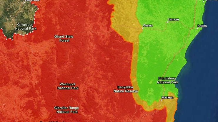 Map with three colours indicating where cane toads have been established in northern NSW