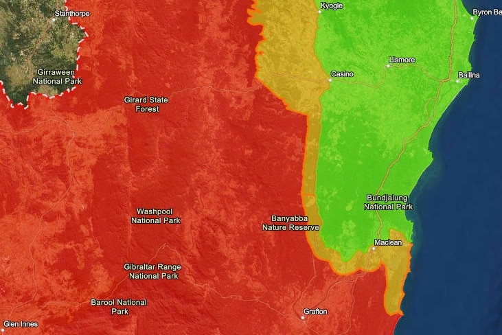 The red area is a cane toad-free zone, amber shows the buffer area and green shows were cane toads are established in this map