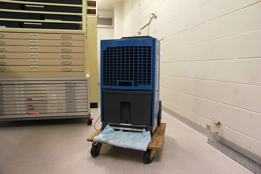 A photo of a large dehumidifier in the middle of a MAGNT storage room.