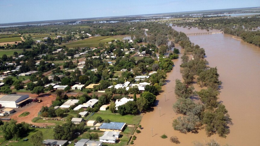 Floodwaters from the Balonne River remain near houses in St George
